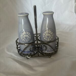 Vintage light blue salt glaze Renee Dubois salt and pepper shakers in caddy
